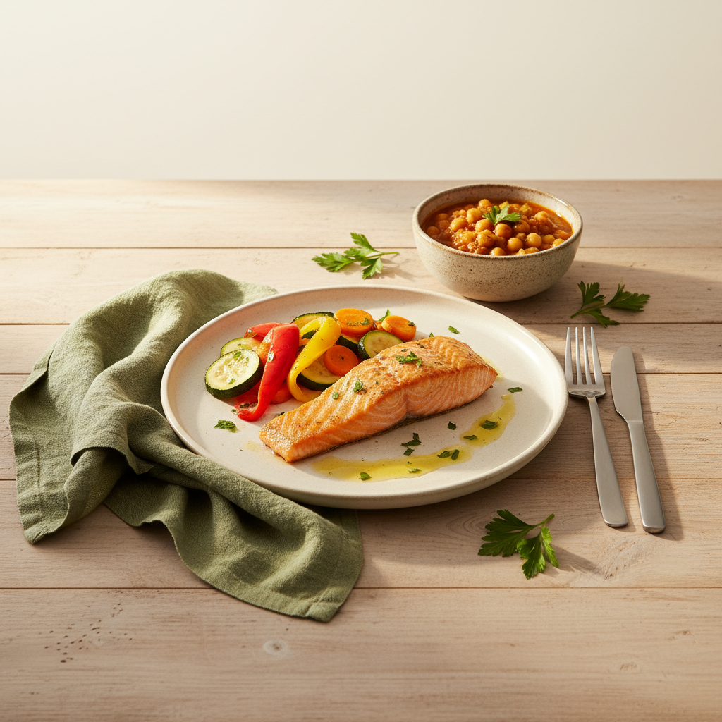 Heimeliges europäisches Tisch-Setting mit Lachsfilet, Kichererbsenpfanne und buntem Gemüse auf Teller, warmes Licht – gesundes Abendessen zum 5 kg abzunehmen