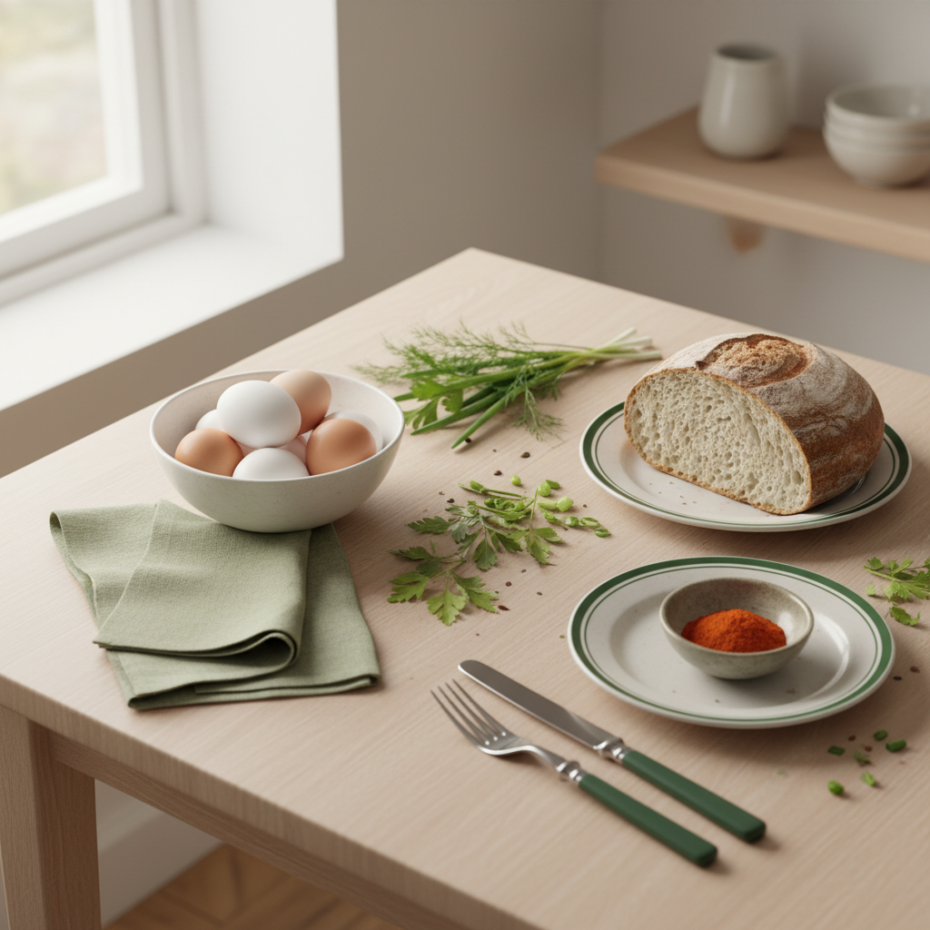 Wie viele Punkte hat ein Ei? Heimische Küchentischaufnahme mit frischen Eiern, Bauernbrot und Kräutern auf minimalistischem Hintergrund #dbdbcf