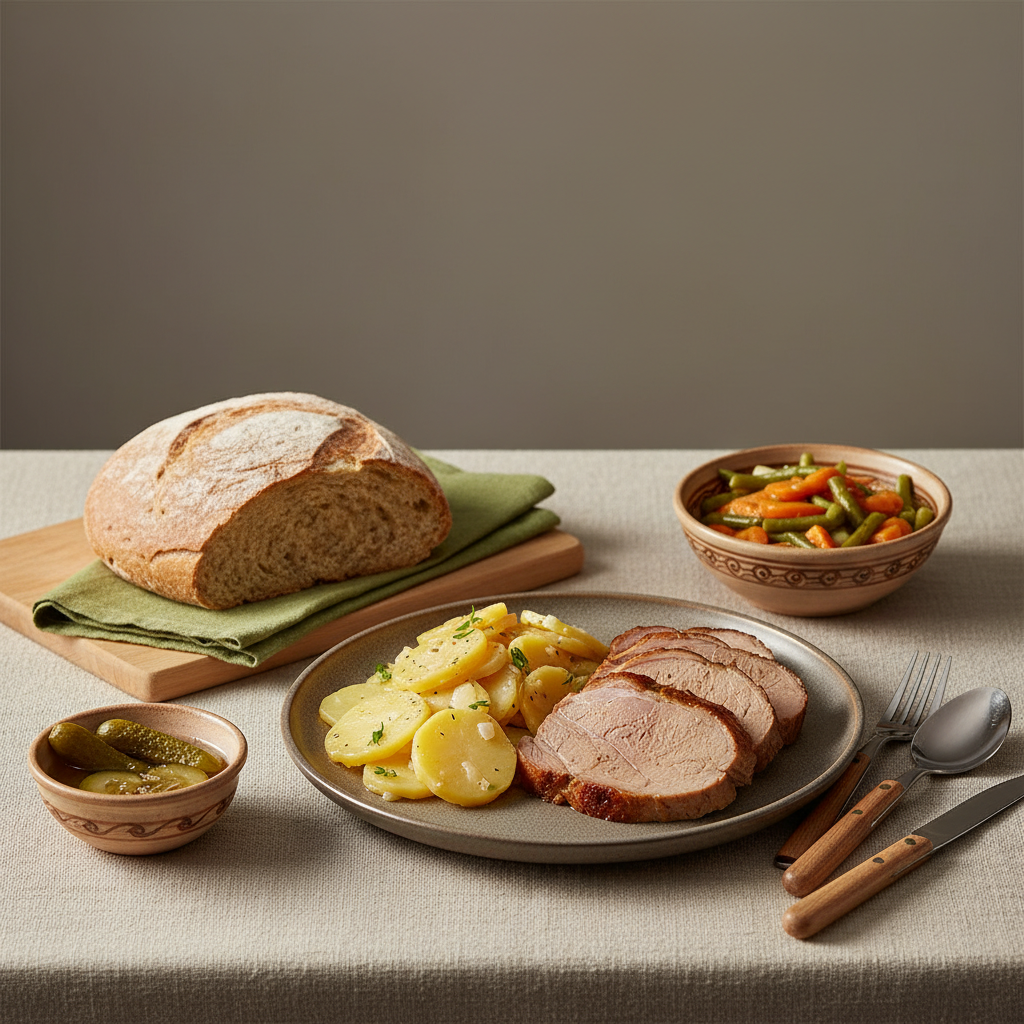 Typische Gerichte: Minimalistische, heimische Aufnahme deutscher Regionalküche mit warmem Kartoffelsalat, Braten und saisonalem Gemüse vor #dbdbcf-Hintergrund.