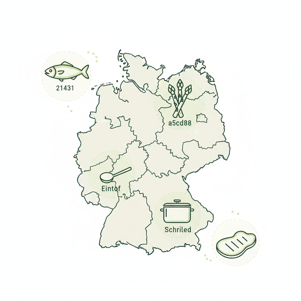 Minimalistische Vektor-Infografik einer Deutschlandkarte mit Icons für Spargel, Schnitzel, Fisch und Eintopf in Markenfarben, typische Gerichte