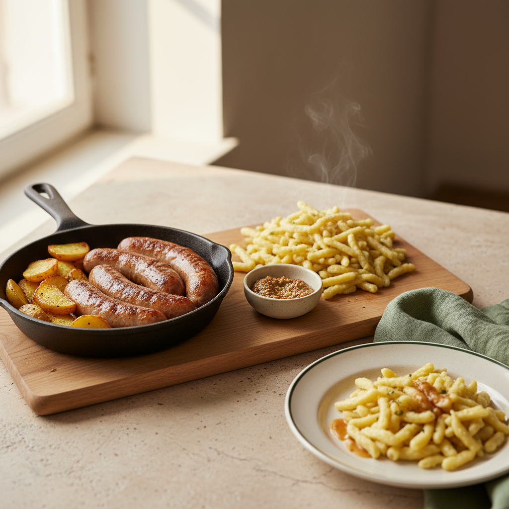 Nahaufnahme rustikaler Mahlzeit mit Bratwurst, Bratkartoffeln, Spätzle auf Holzbrett und Senf, warmes Tageslicht, typische deutsche Gerichte