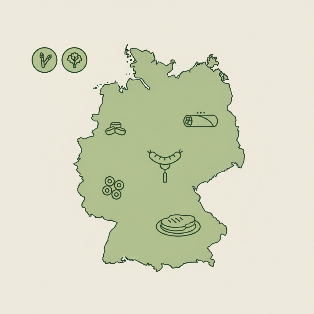 Minimalistische 2D-Vektor-Infografik mit Regionen-Icons für typische deutsche Gerichte (Schnitzel, Bratwurst, Spätzle, Döner) und kleinen Saison-Symbolen Spargel Frühling, Grünkohl Winter