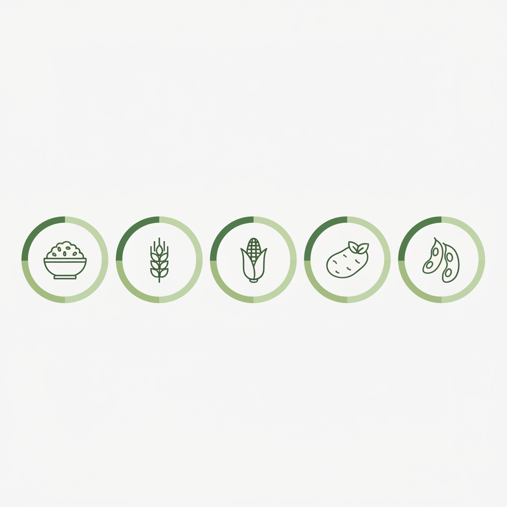 Minimalistische Vektor-Infografik zu meist gegessene Speise der Welt mit fünf Icons: Reis, Weizen, Mais, Kartoffeln, Bohnen in Schnell Lecker Farben (#dbdbcf, #a5cd8d, #21431f).