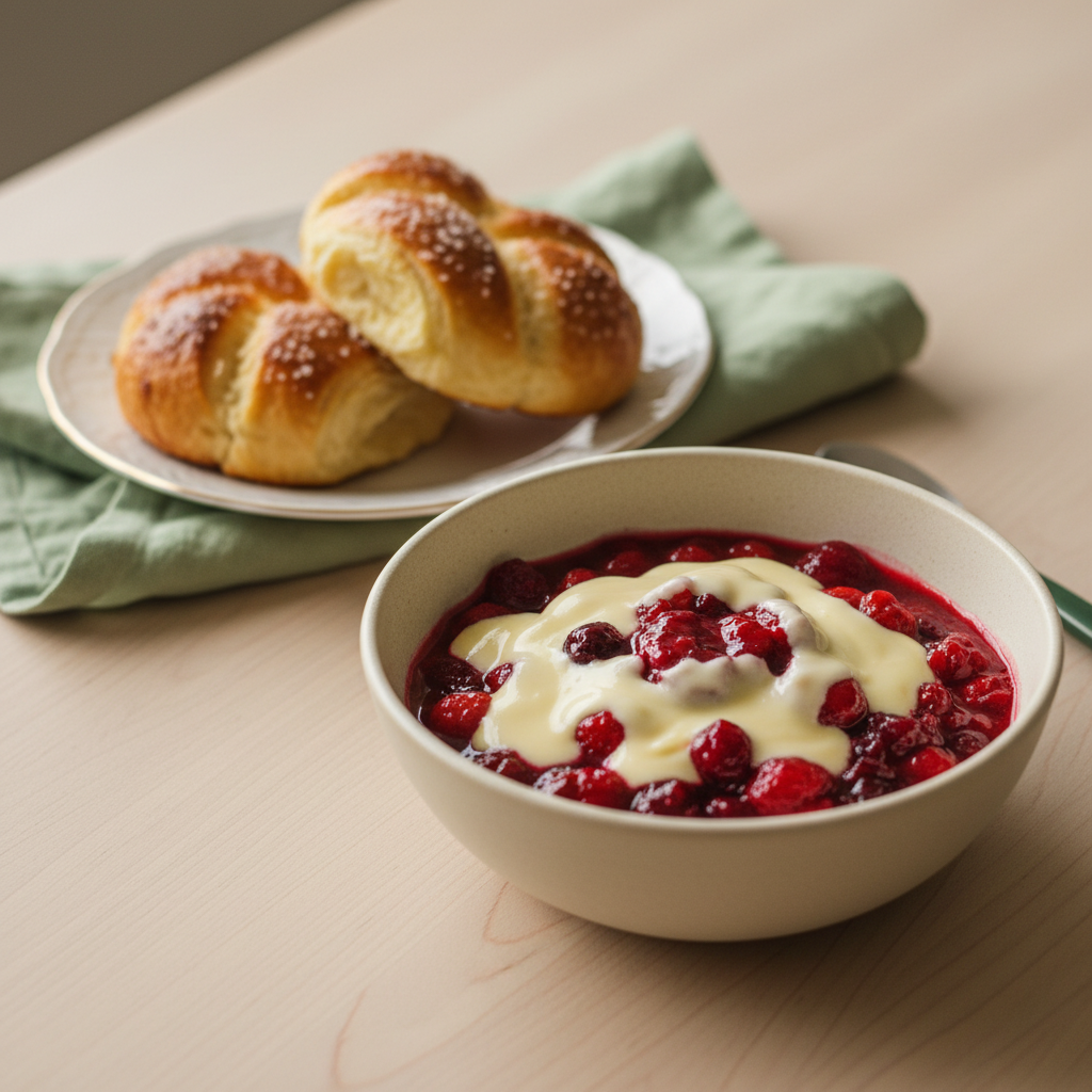 Nahaufnahme von Roter Grütze mit Vanillesauce und Franzbrötchen auf Holztisch in warm-minimalistischem Setting – typische norddeutsche Gerichte, natürliche Tageslichtbeleuchtung