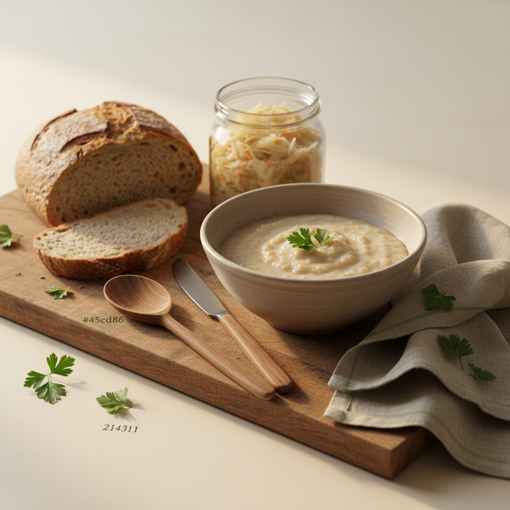 Close-up einer heimischen Darmkur-Mahlzeit: Porridge, Glas Sauerkraut, Vollkornbrot und Holzutensilien auf minimalistischem warmem Hintergrund mit grünen Akzenten.