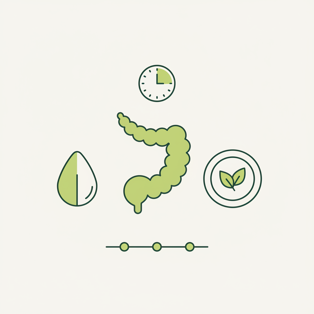 Minimalistische Vektor-Infografik zur Darmkur mit Darm-Icon, Probiotika-Kapsel, pflanzenbasierter Platte, Uhr und einfachem Erholungszeitstrahl