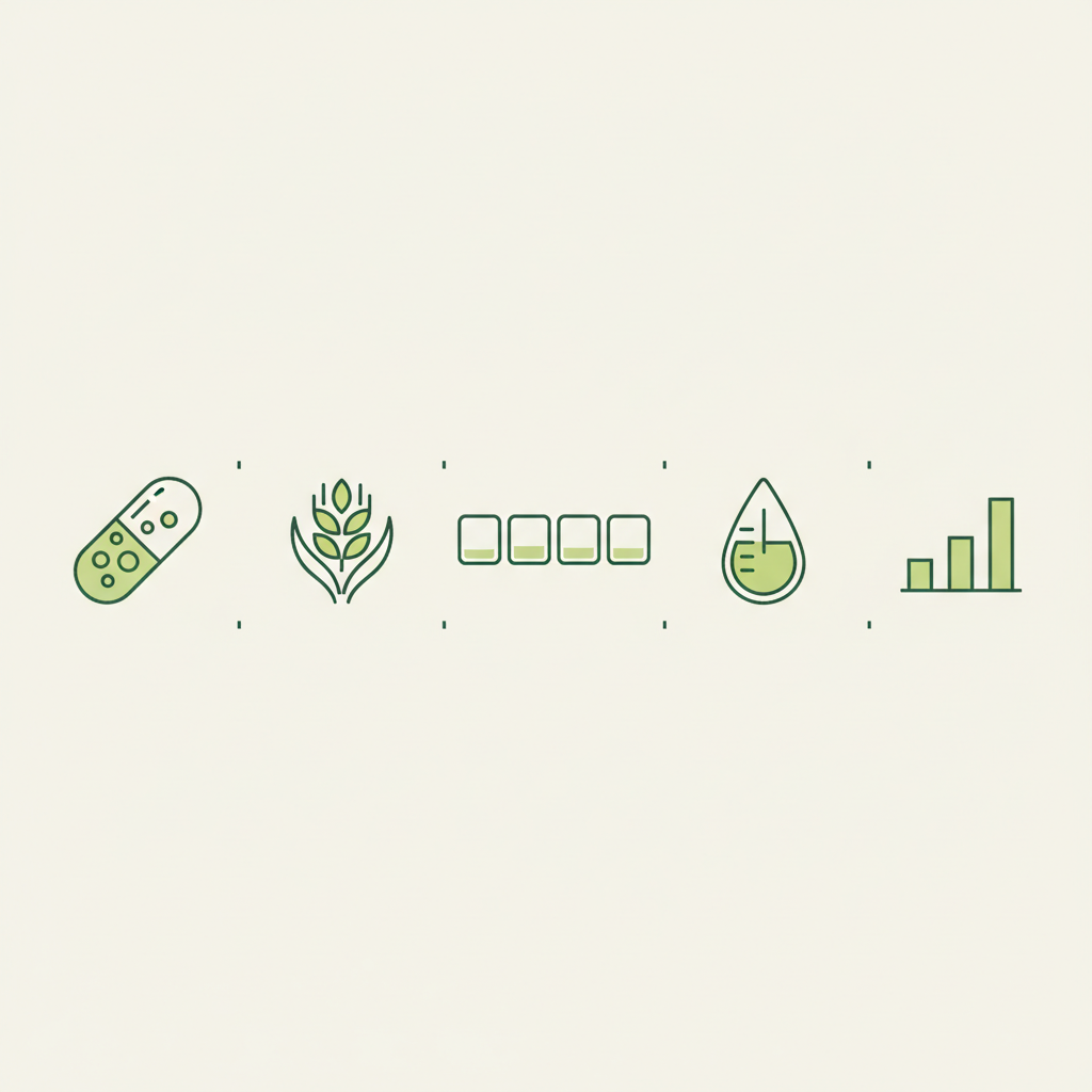 Minimalistische 2D-Vektor-Infografik für die beste Darmkur mit Icons für Probiotika, Präbiotika, 4-Phasen-Wochenplan, Dosierung und Ergebnisdiagramm.