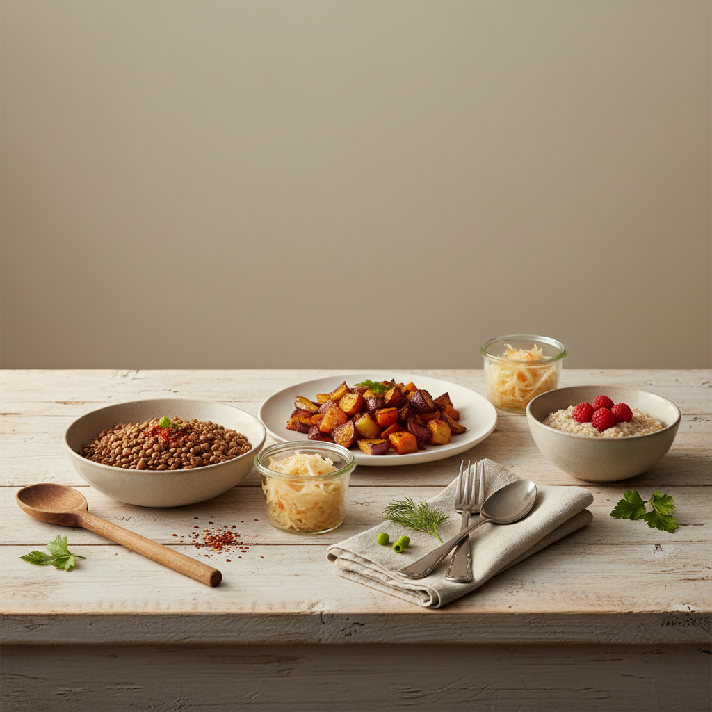 Minimalistisch arrangierter Teller mit Linsenschale, geröstetem Gemüse, kleinem Glas Sauerkraut und Haferbrei mit Beeren – natürliche, hausgemachte Auswahl für die beste Darmkur.