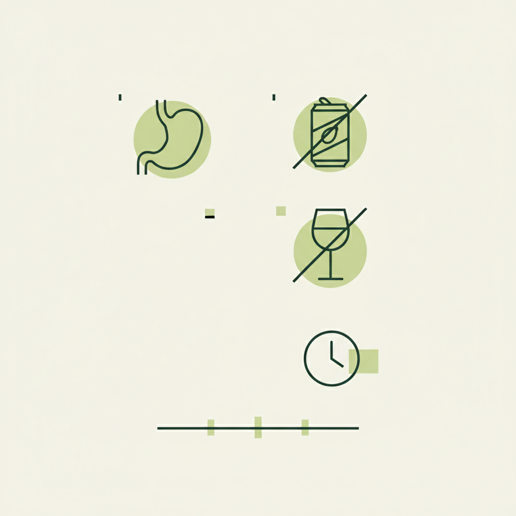 Vektor-Infografik: minimalistisches Darm-Icon, durchgestrichene Soda- und Alkohol-Icons, Uhr und Zeitstrahl – Thema: Was darf man bei einer Darmsanierung nicht essen