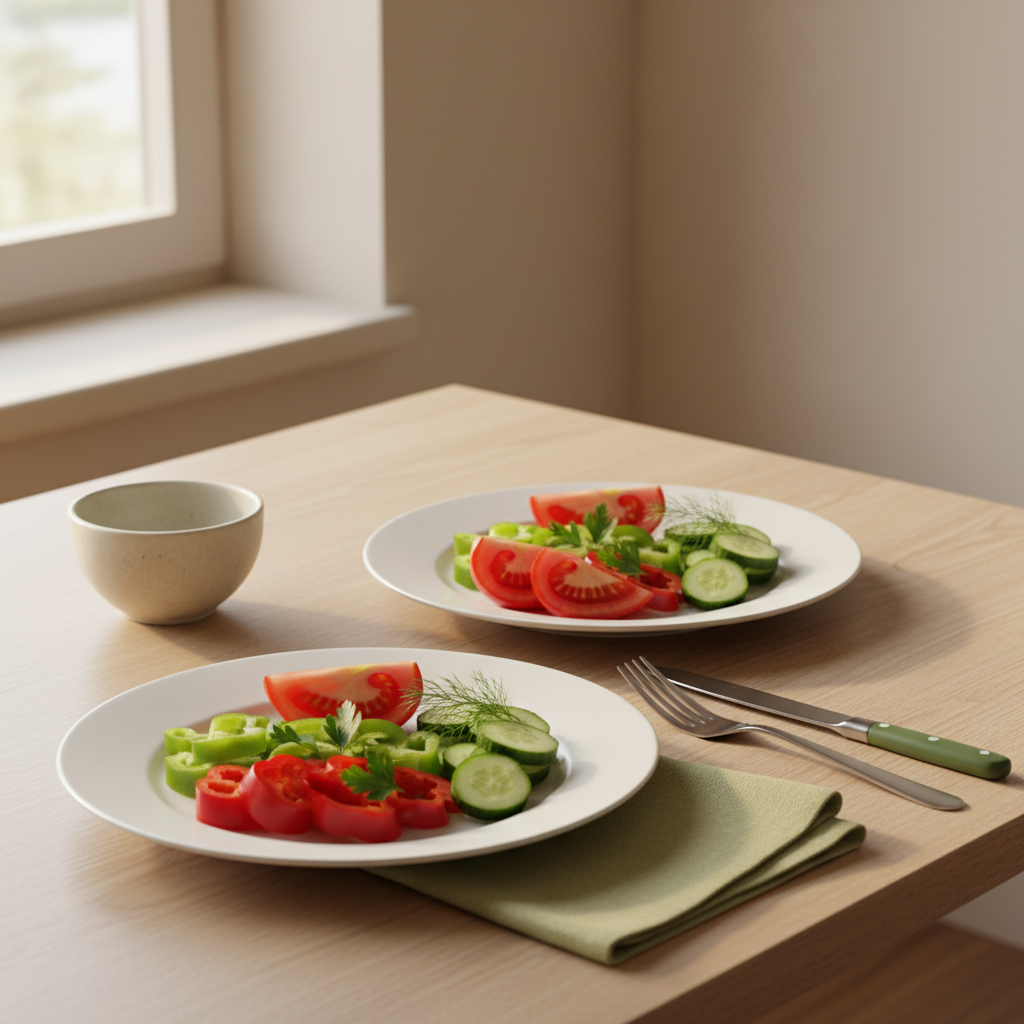 Nahaufnahme einer hausgemachten ungarisch-rumänischen Mahlzeit auf Holztisch mit frischem Gemüse und Kräutern, warme Lichtstimmung, Thema Darmreinigung Gewicht verlieren