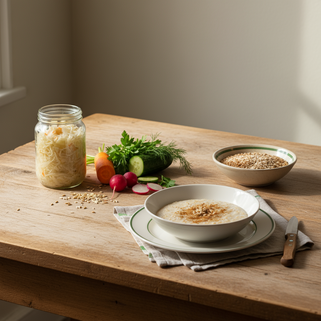 Heimische Küchentischszene mit Porridge, Sauerkrautglas, Vollkorn und frischem Gemüse im warmen Licht – Ernährung Darmkur, minimalistischer Stil, Hintergrund #dbdbcf
