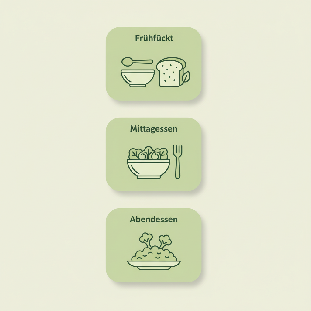 Minimalistische 2D-Vektor-Infografik: 3-Schritte-Tagesplan für Ernährung Darmkur mit Icons für Frühstück, Mittagessen und Abendessen in Schnell-Lecker-Farben.