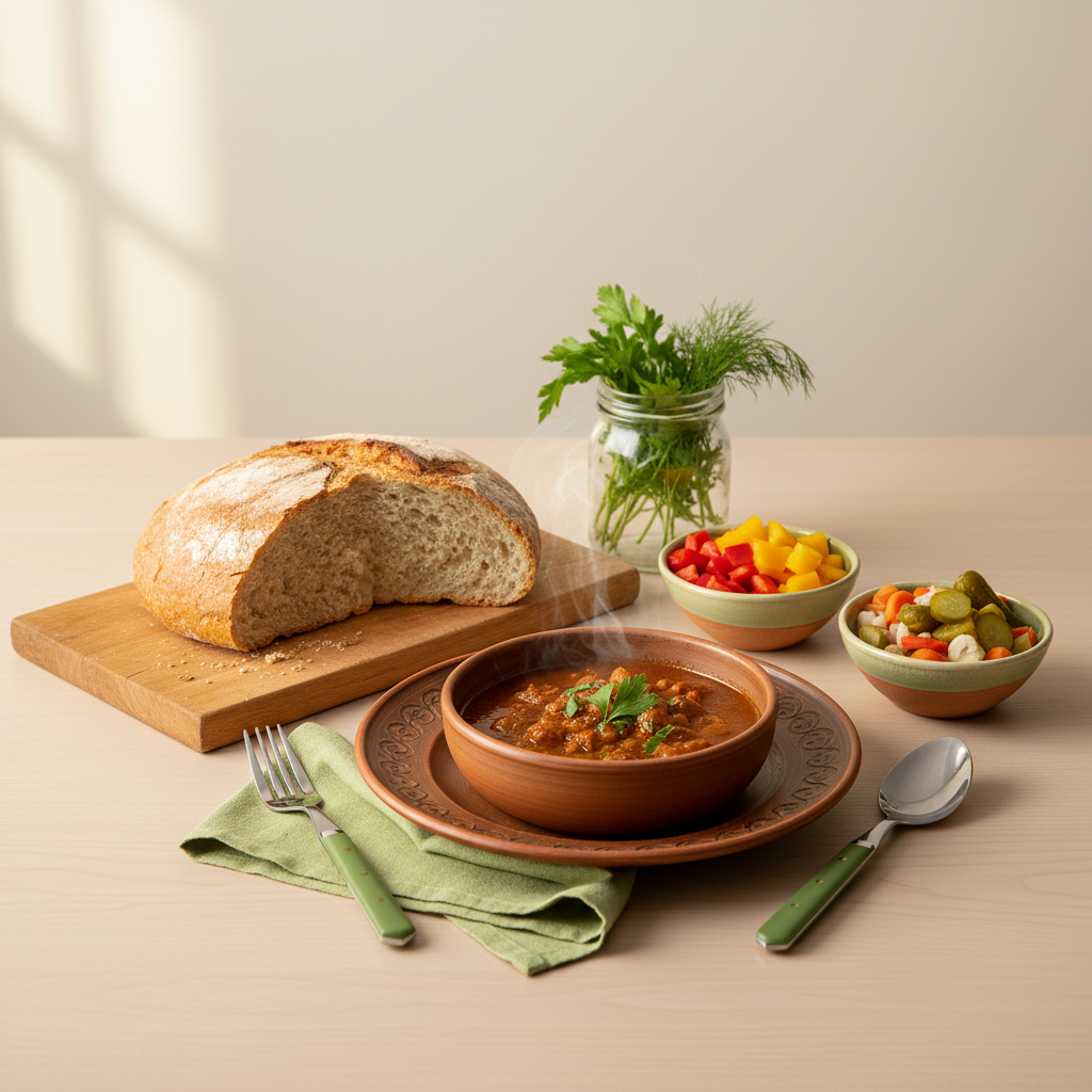 Heimische, realistische Küchenszene mit einfachen mitteleuropäischen Gerichten auf #dbdbcf Hintergrund, dezente #a5cd8d Akzente und dunkelgrüne Details – systolischer Blutdruck