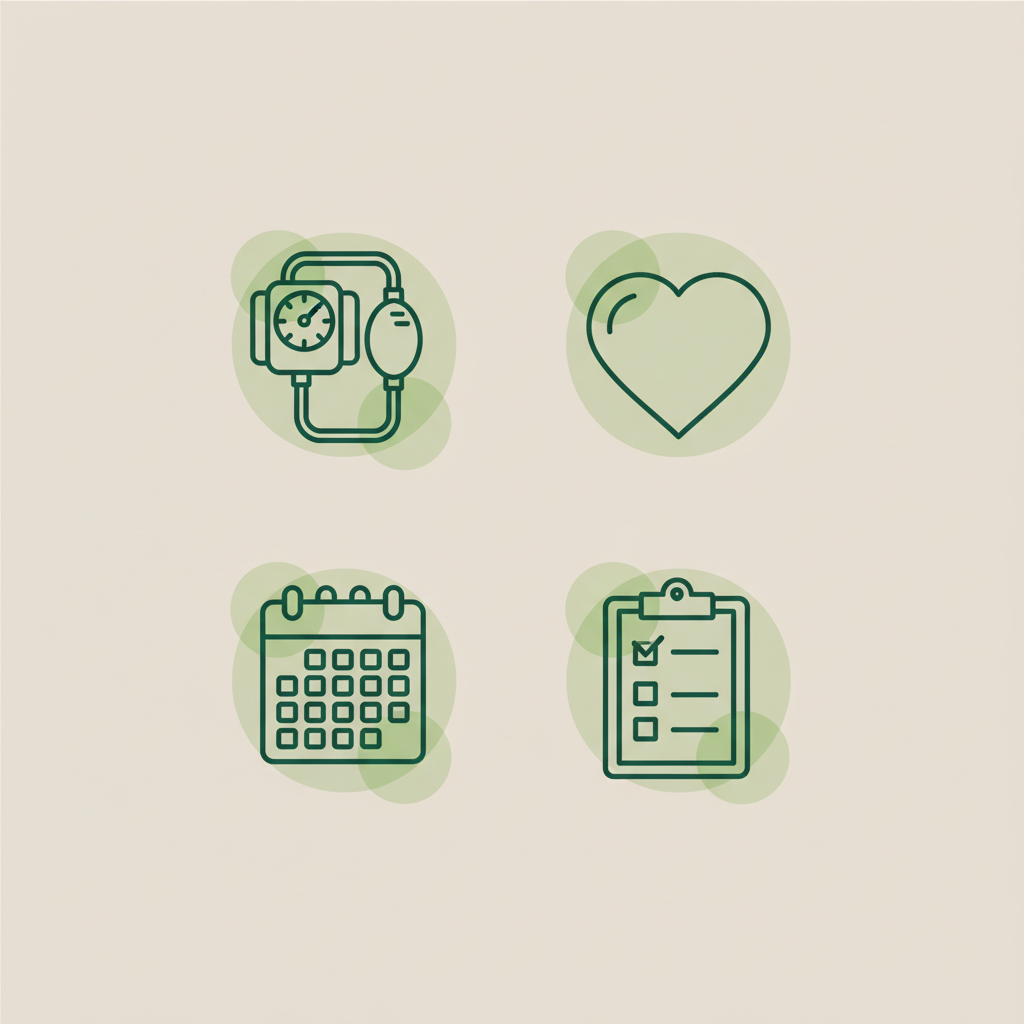 Minimalistische 2D-Vektor-Infografik mit Blutdruckmanschette, Herz, Kalender und Checkliste in Markenfarben auf Hintergrund #dbdbcf – Blutdruck 140/90