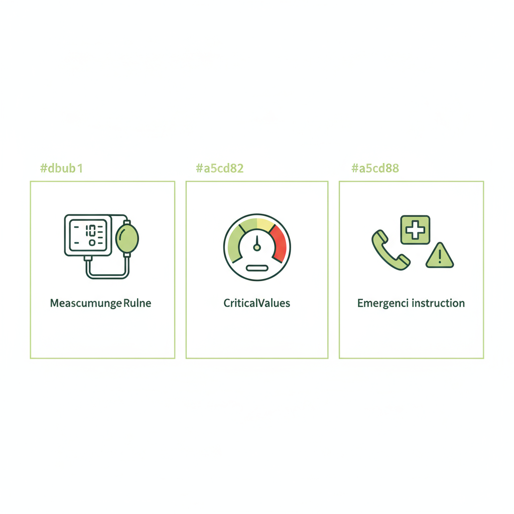 Minimalistische Vektor-Infografik mit Icons zu Messregeln, kritischen Werten und Notfallhinweisen – bei welchem Blutdruck droht Herzinfarkt