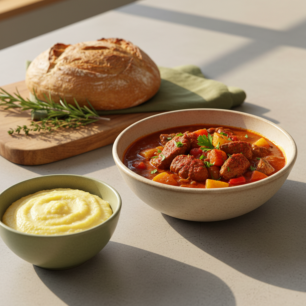 Minimalistisch arrangierte ungarisch-rumänische Mahlzeit mit Kräutern auf #dbdbcf Hintergrund und grünen Akzenten; bei welchem Blutdruck droht Herzinfarkt