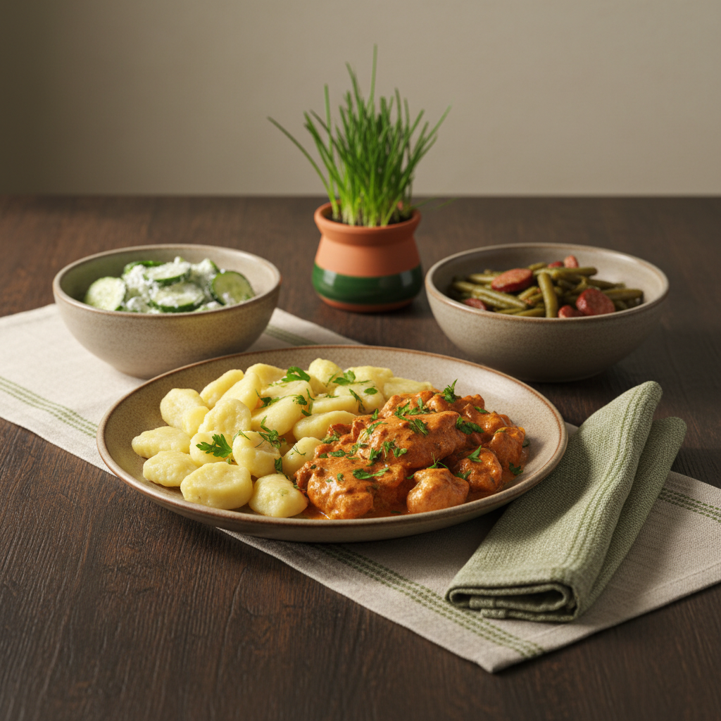 Nahaufnahme einer ungarisch‑rumänisch inspirierten Mahlzeit auf Holztisch, Kräuter, weiches Tageslicht, dezente Markenfarben im Setting – Bluthochdruck ab 70