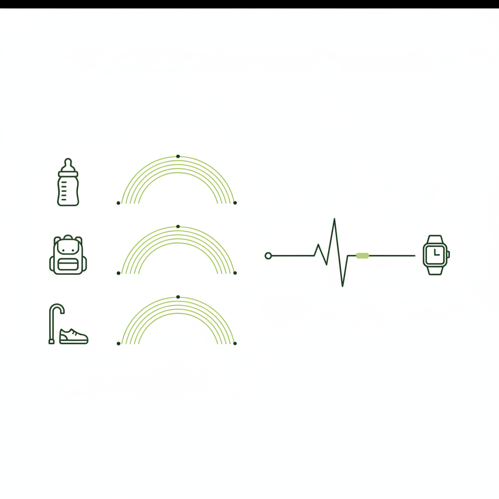 Minimalistische 2D-Vektor-Infografik zum normaler Ruhepuls: Alters-Icons mit Pulsbereichsbögen, Herzfrequenzlinie und Wearable-Uhr in Schnell Lecker Farben.