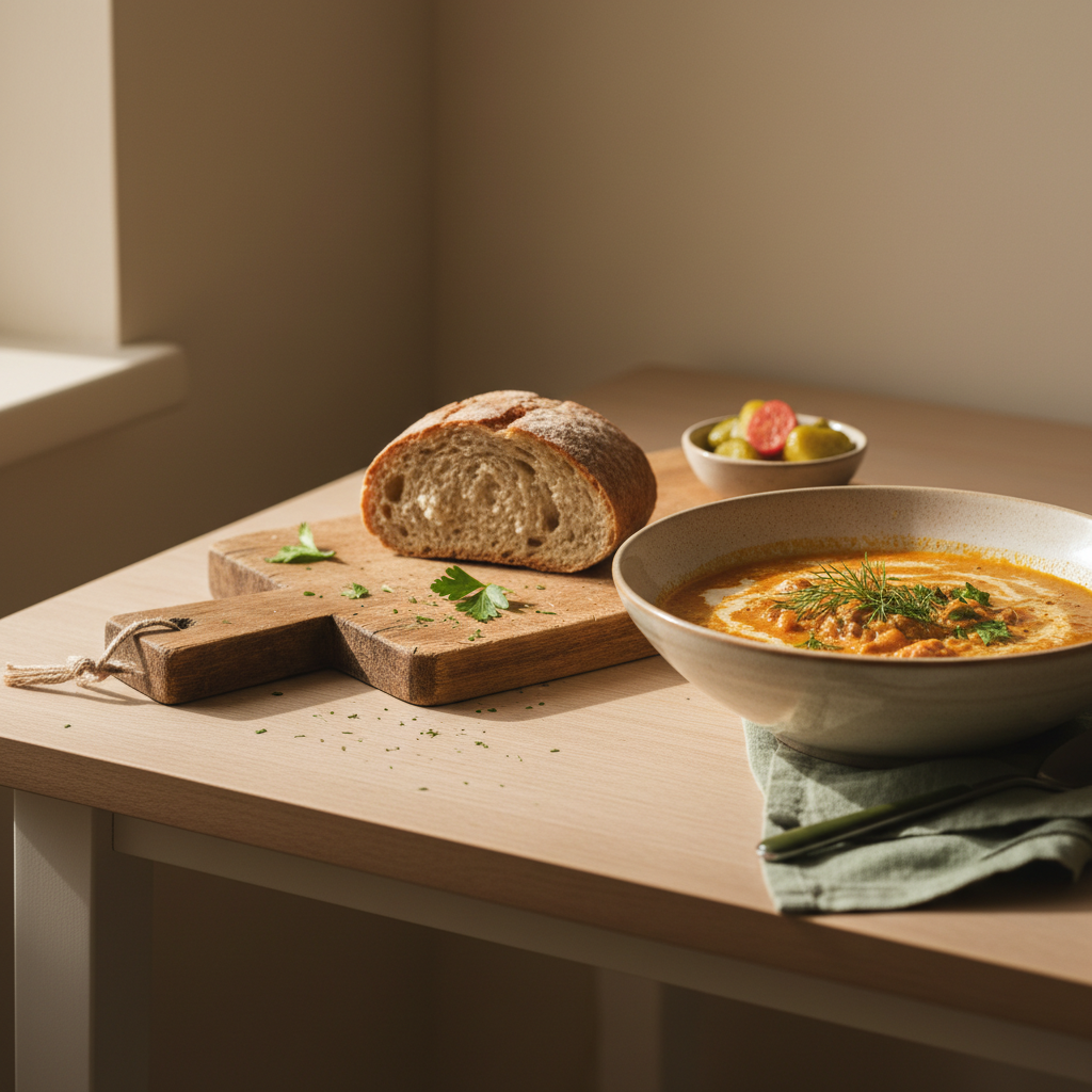 Nahaufnahme einer gemütlichen Küchenecke mit gesundem europäischen Gericht (ungarisch/rumänisch), Holztexturen, frischen Kräutern, dezente Markenfarben, normaler Ruhepuls