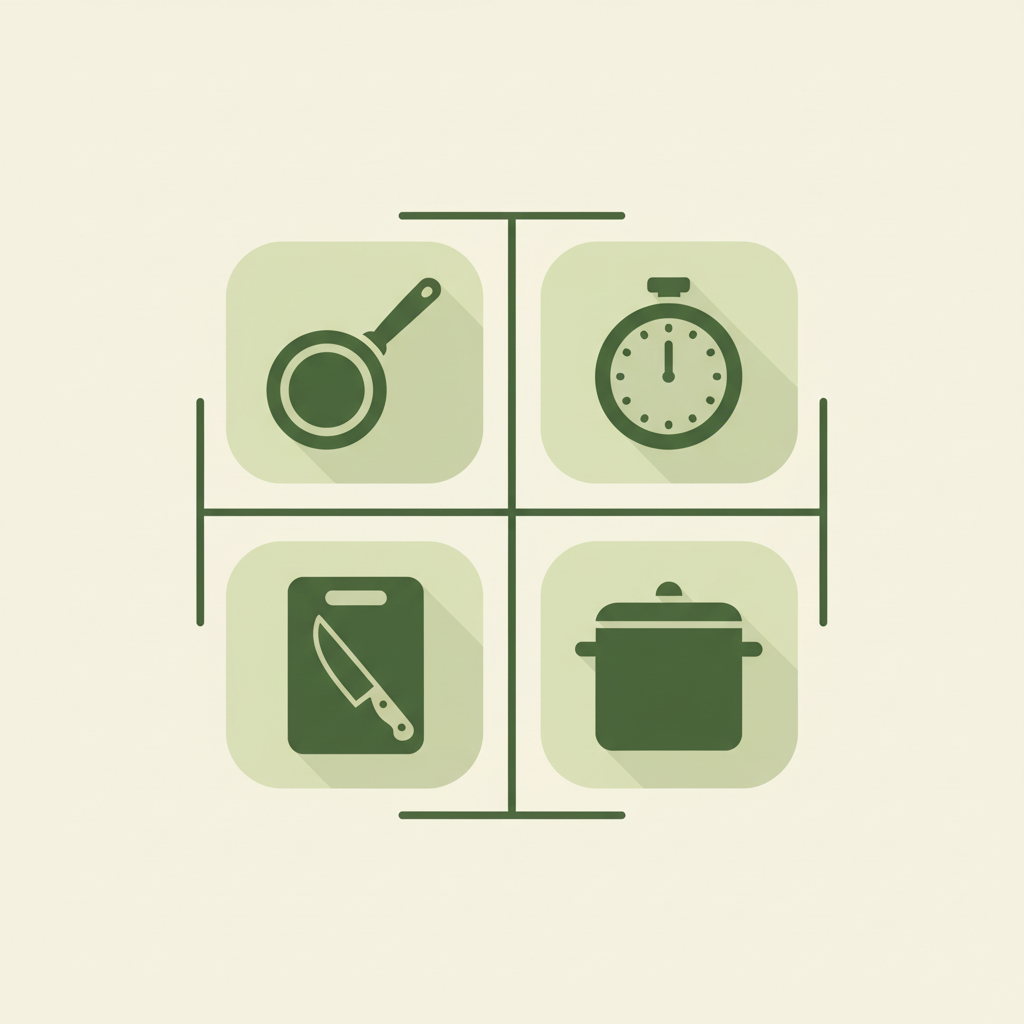 Minimalistische 2D-Vektor-Infografik mit Pfanne, Timer, Schneidebrett und Topf in Markenfarben auf #dbdbcf-Hintergrund, visualisiert Tipps zum schnell kochen