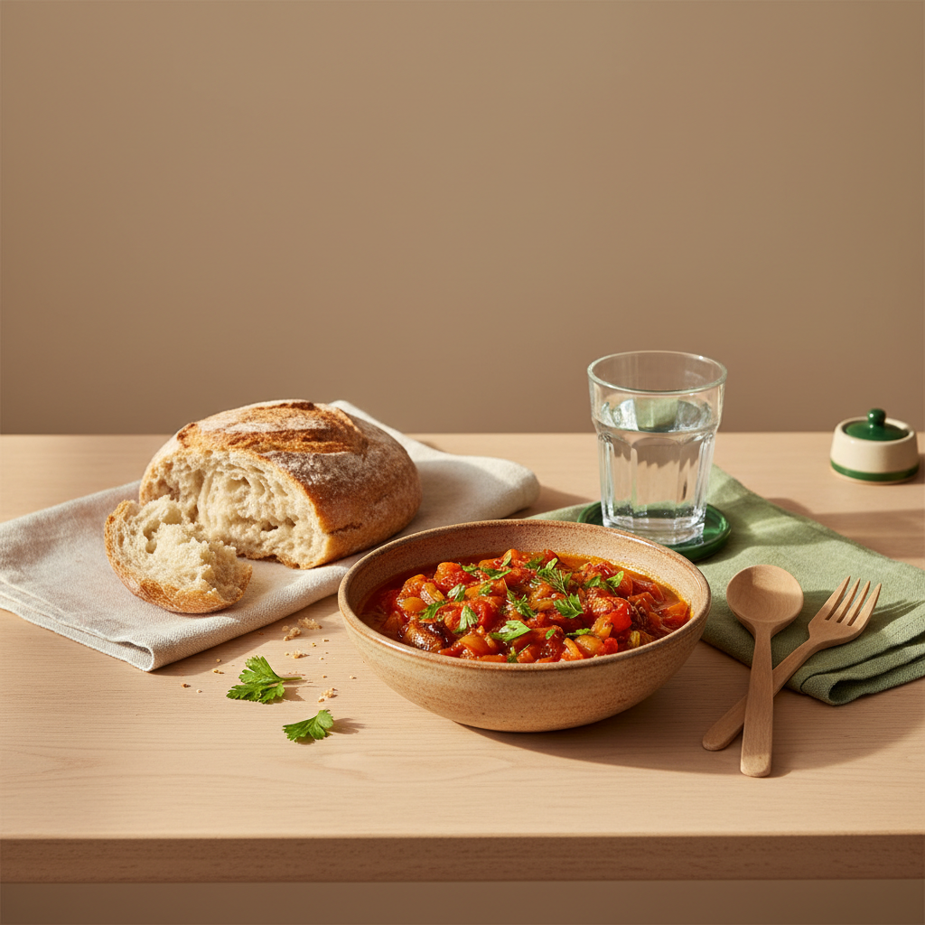 Vollformataufnahme eines minimalistischen heimischen Esstisches mit Zutaten fürs schnell kochen: rustikale Schale, Brot, Glas Wasser, Leinenserviette in #a5cd8d, warmer Hintergrund #dbdbcf.