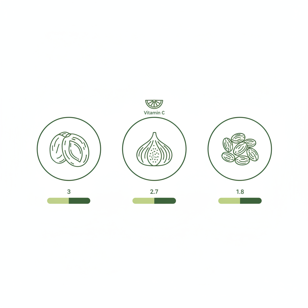 Minimalistische 2D‑Vektorinfografik mit Icons von getrockneten Aprikosen, Feigen und Rosinen, Vitamin‑C‑Icon und kleinen Zahlen zur Darstellung eisenhaltige Früchte.