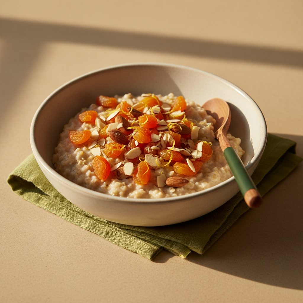 Nahaufnahme eines minimalistischen Frühstücks mit Haferflocken, gehackten Trockenaprikosen und Mandeln, Zitronenspritzer auf #dbdbcf-Hintergrund — eisenhaltige Früchte sichtbar.