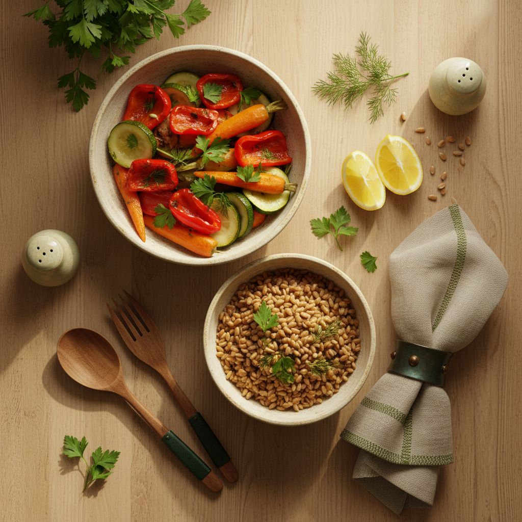 Realistische, heimische Mahlzeit mit geröstetem Gemüse, Vollkorn, Kräutern und Zitronenspalten auf Holztisch, dezenter #a5cd8d-Akzent, basische Ernährung