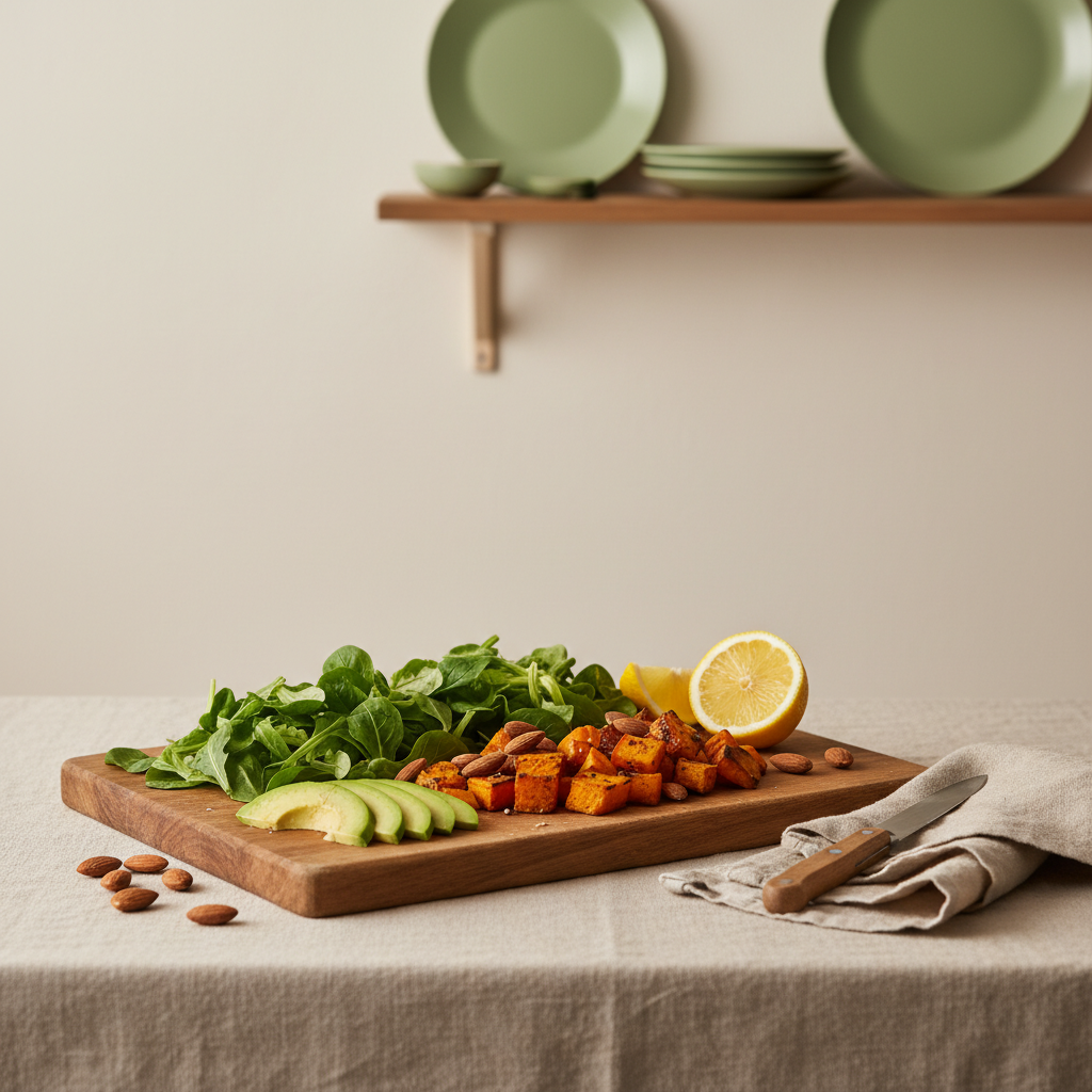 Welche Lebensmittel sind stark basisch? Komposition: grüner Blattsalat, Avocado, geröstete Süßkartoffeln, Mandeln und Zitrone auf Holzbrett vor hellem #dbdbcf Hintergrund.