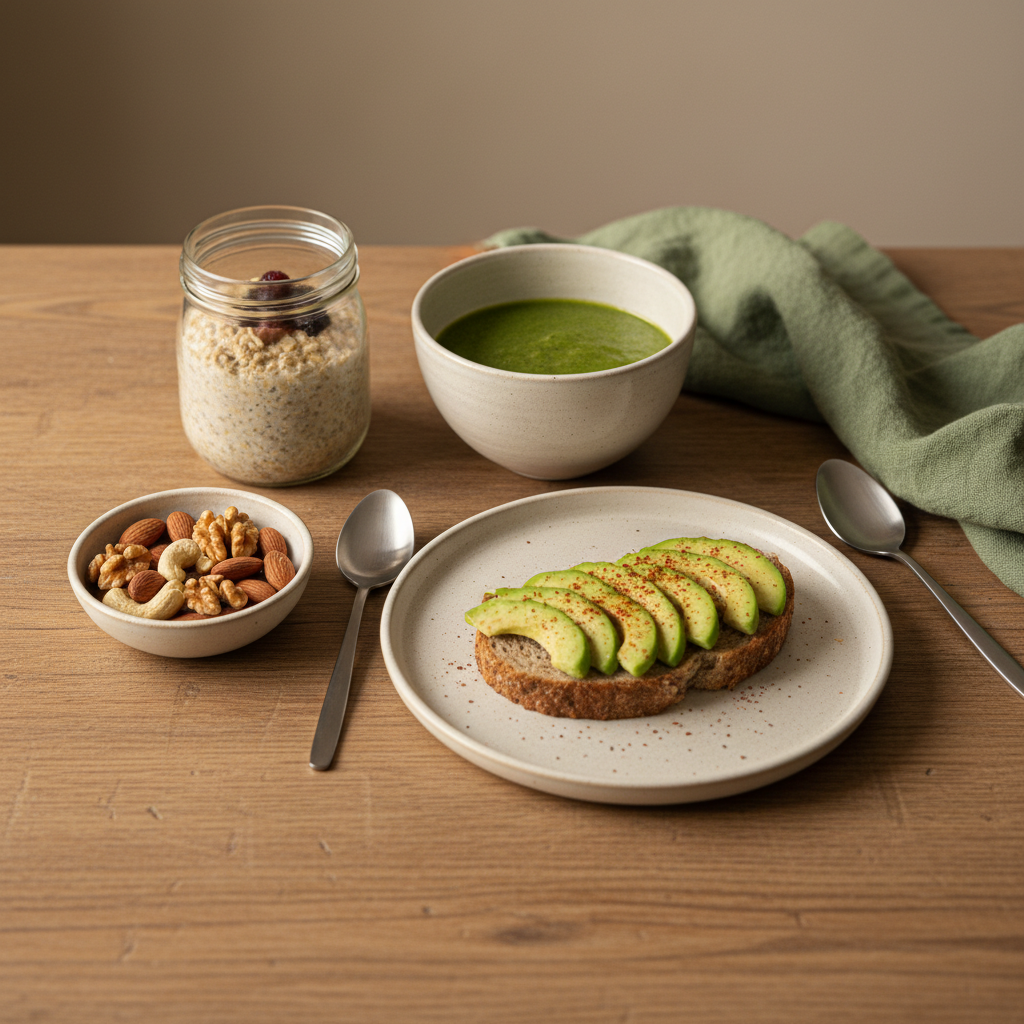 Minimalistisches basisches Frühstück: Nahaufnahme auf Holztisch mit Overnight-Oats im Glas, grünem Smoothie, Avocado-Toast auf Vollkorn und Schale gemischter Nüsse.
