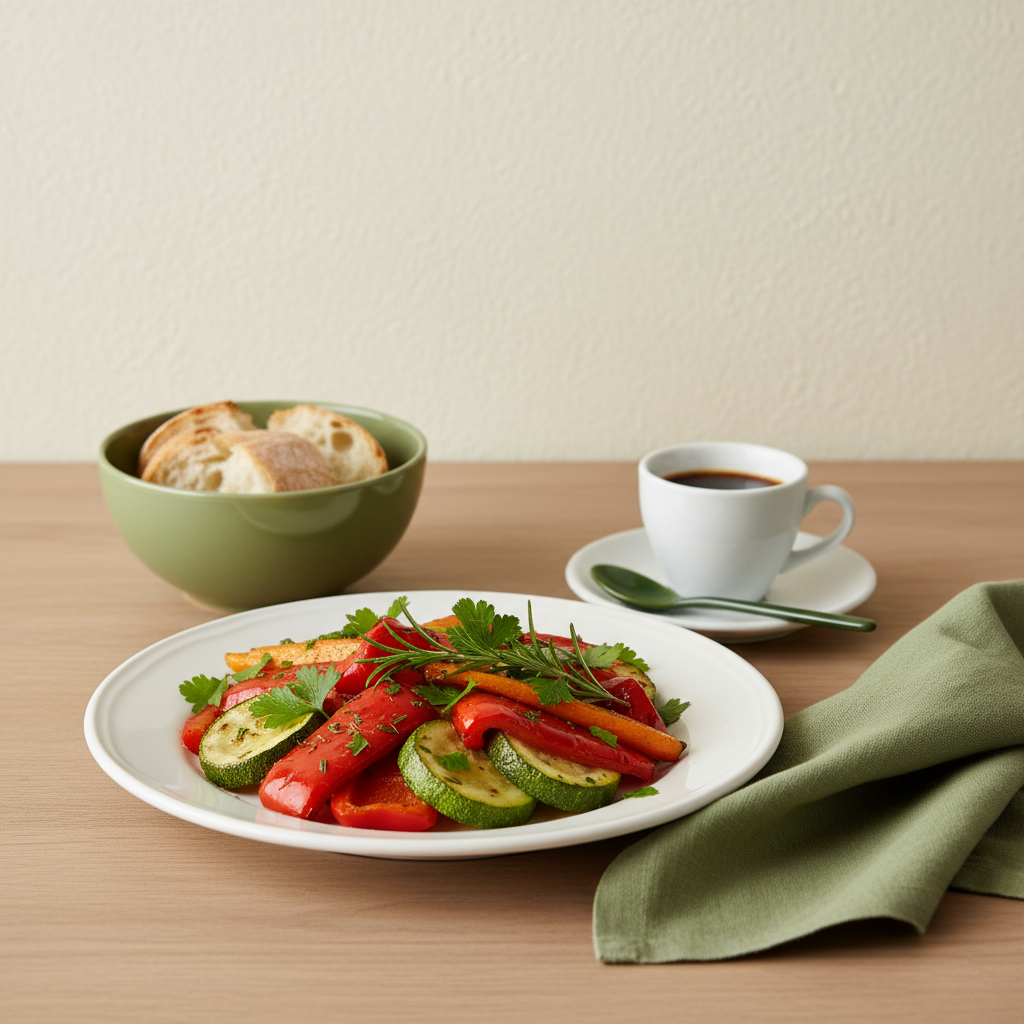 Kaffee bei basischer Ernährung: Nahaufnahme eines minimalistischen Esstischs mit Teller, buntem Ofengemüse, frischen Kräutern und kleiner Kaffeetasse vor hellem Hintergrund