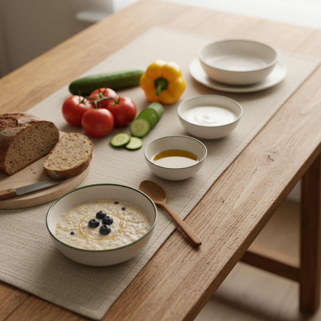Heimeliges Küchentisch-Set mit Keramikschalen, Brot, Gemüse und einem kleinen Schälchen Haferflocken, warmes Licht, minimalistisches Full-Frame-Bild.