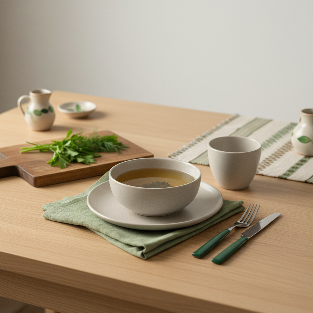 Minimalistisch gedeckte Küchentafel mit ruhigem Getränk in Keramik, rustikale Texturen und Markenfarben, Getränk bindet Magensäure, heller Hintergrund #dbdbcf.