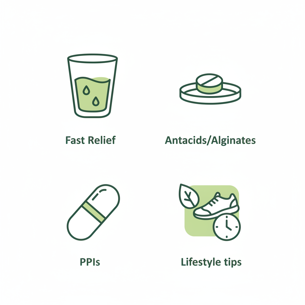 Minimalistische 2D-Vektor-Infografik mit Icons für Mittel gegen Sodbrennen: Glas Wasser, Antazida, PPI und Lebensstil-Tipps in Schnell Lecker Farben.