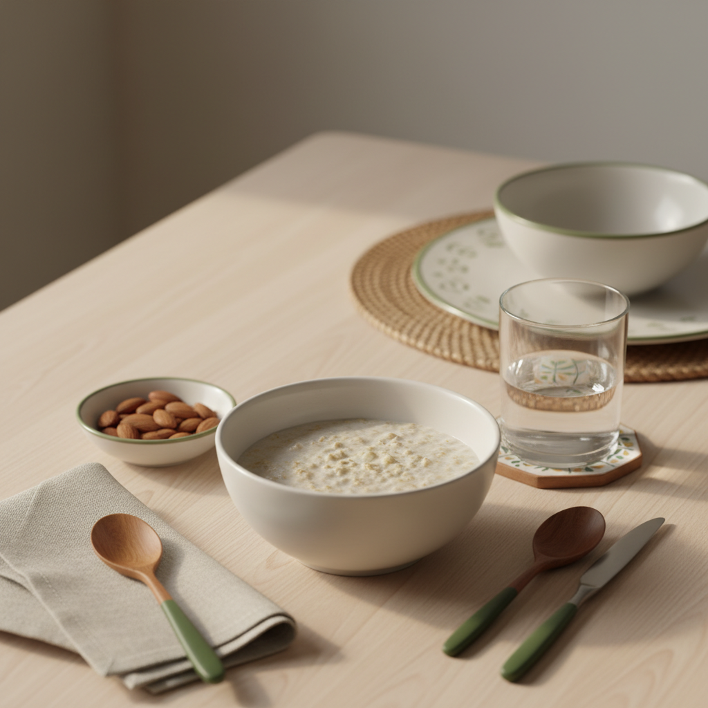 Mittel gegen Sodbrennen: Heimelige, magenfreundliche Frühstücksszene mit Haferbrei, ungesalzenen Mandeln und stillem Wasser vor Hintergrund #dbdbcf