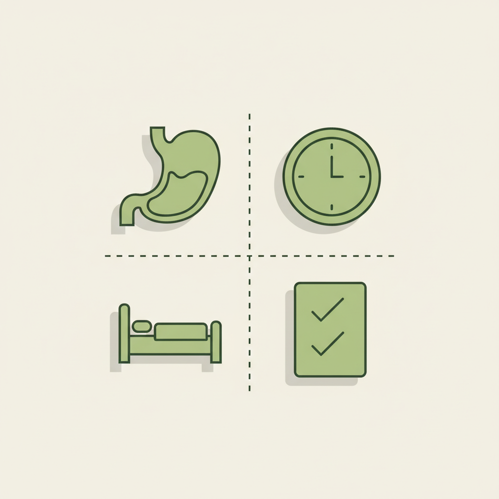 Minimalistische Vektor-Infografik zu Ursachen Sodbrennen mit Magen-, Uhr-, Bett- und Checklisten-Icons in Schnell-Lecker-Farben auf beigem Hintergrund.