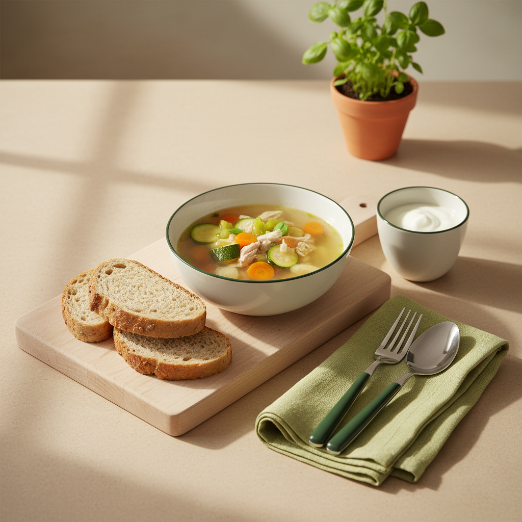 Heimelige, minimalistische Küche mit magenfreundlicher Hühnersuppe auf #dbdbcf-Hintergrund und grünen Akzenten #a5cd8d, schlichte Keramik und Holz – Ursachen Sodbrennen