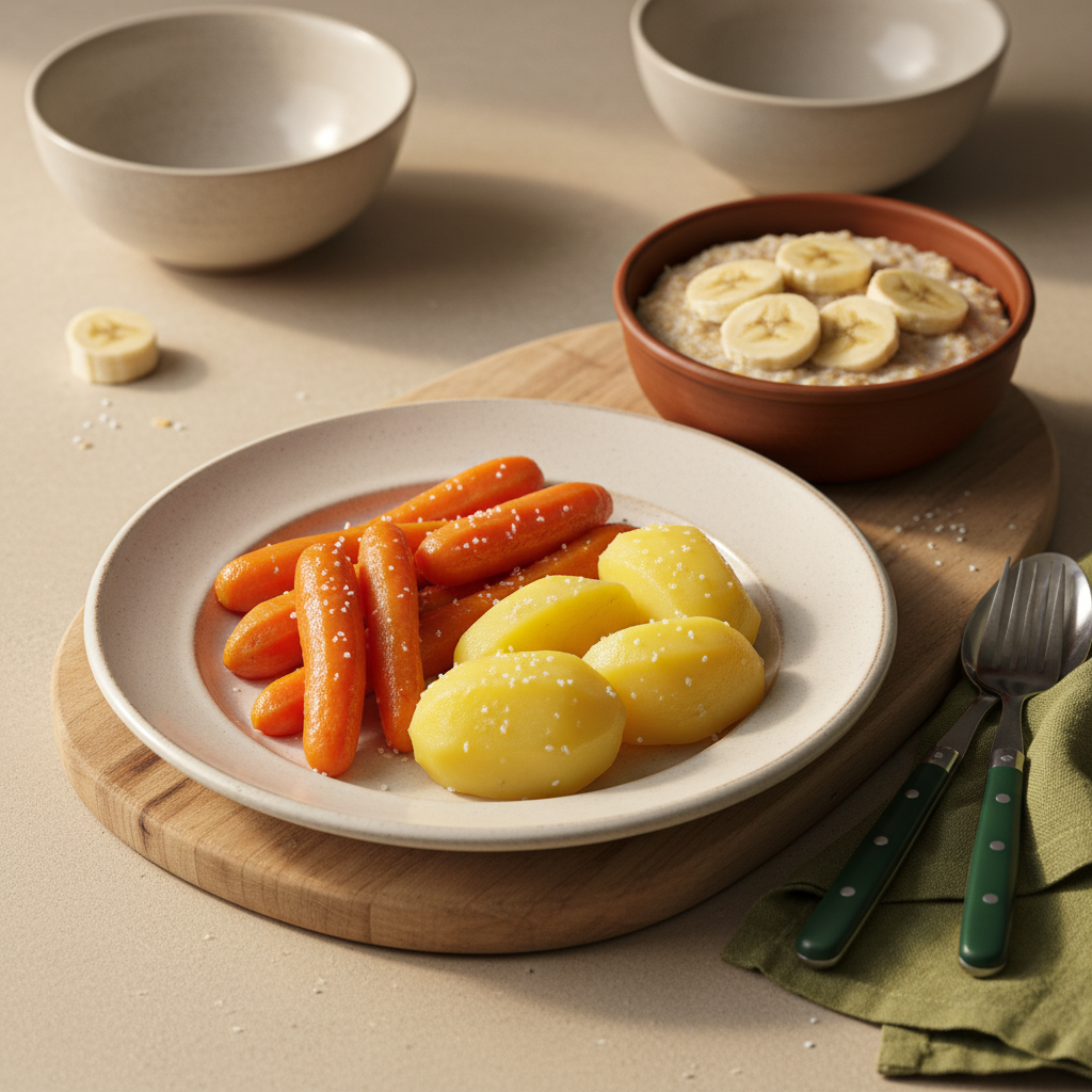 Hausgemachter Teller mit gedämpften Karotten, Salzkartoffeln und Haferbrei mit Bananenscheiben, warmes Licht, vollbild — was essen bei Sodbrennen