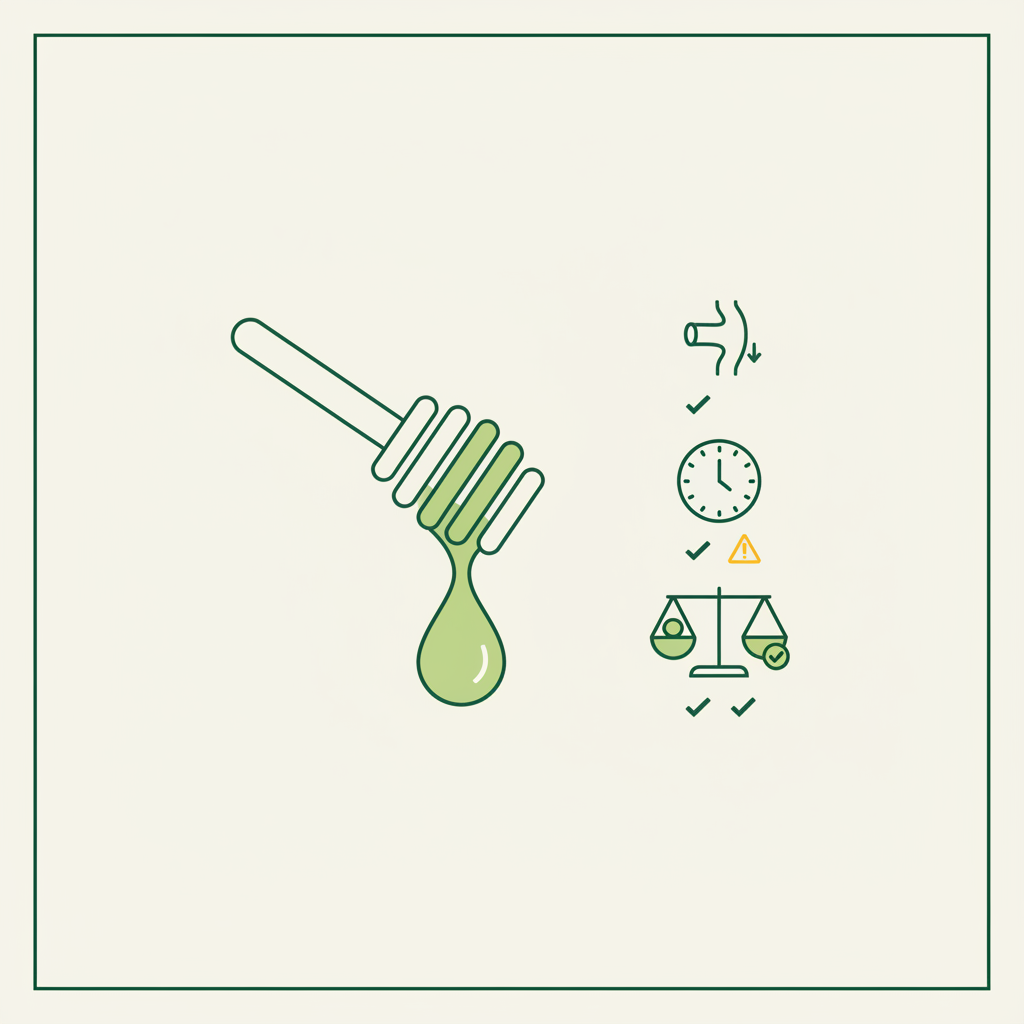 Minimalistische Vektor-Infografik mit Honiglöffel, stilisierter Speiseröhre, Uhr und Waage als Piktogramme zur Anwendung und Vorsicht bei Honig gegen Sodbrennen