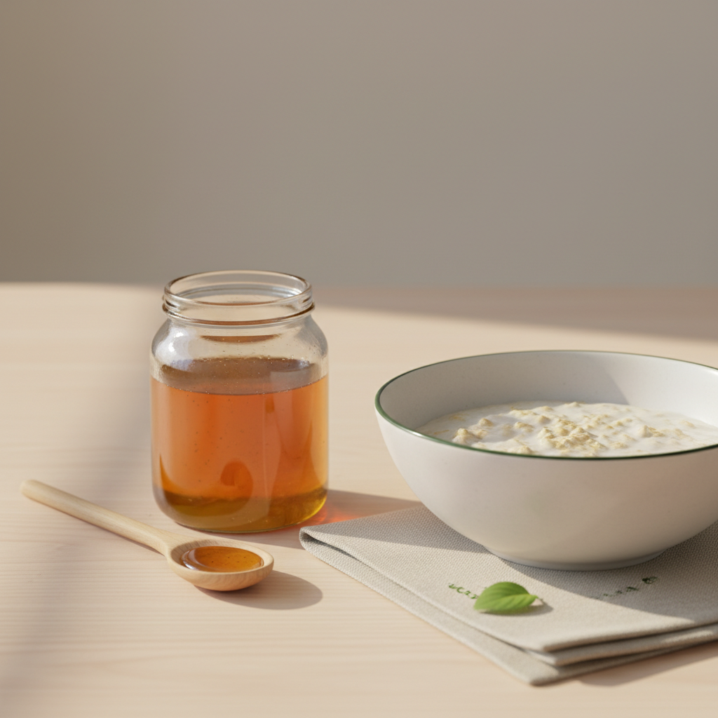 Honig gegen Sodbrennen: Vollbild einer minimalistischen europäischen Küchenszene mit Honigglas, Holzlöffel und Haferbrei auf Hintergrund #dbdbcf, dezente Akzente in #a5cd8d.
