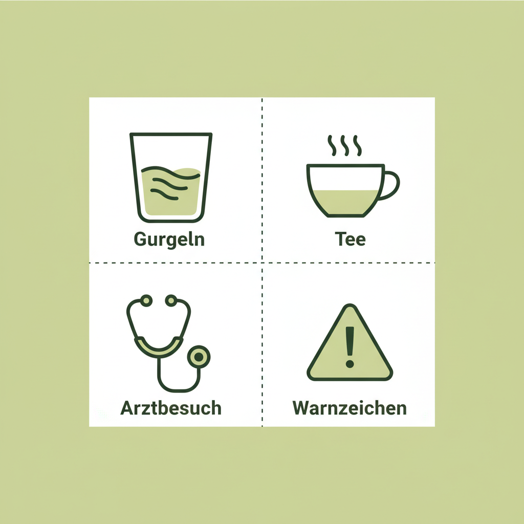 Minimalistische Vektor-Infografik zu Halsschmerzen mit Icons für Gurgeln, Tee, Arztbesuch und Warnzeichen auf beigem Markenhintergrund.