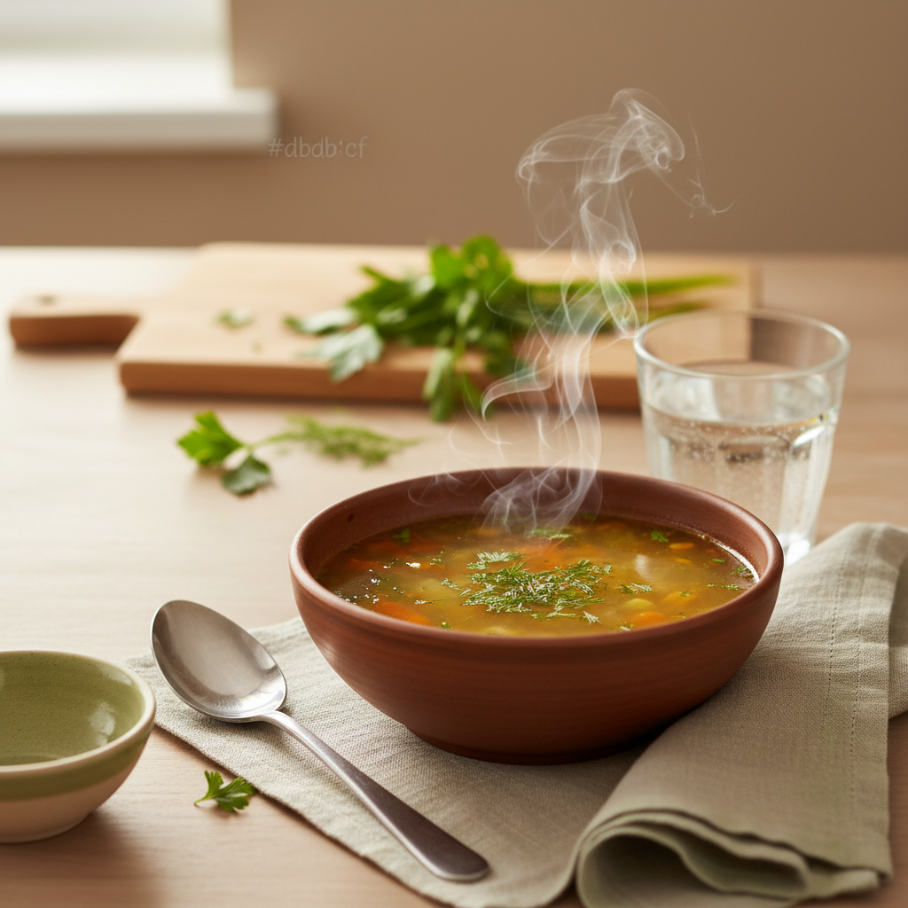 Schale mit heißer Gemüsebrühe auf sauberer Tischoberfläche, frische Kräuter im Hintergrund und dezente Markenfarben, beruhigendes Hausmittel gegen Halsschmerzen