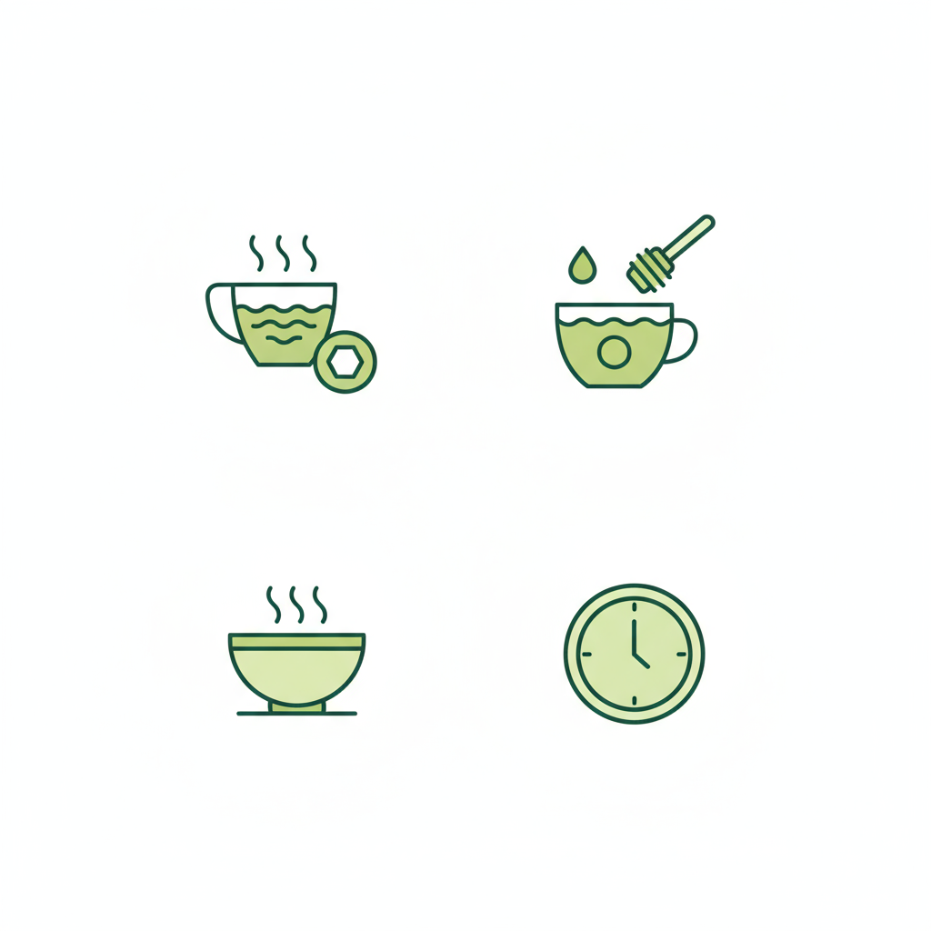Minimalistische 2D-Vektor-Infografik mit Icons für Salzwassergurgeln, Honigtee, Suppe und Uhr in Schnell Lecker Farben – Was ist das stärkste Mittel gegen Halsschmerzen?