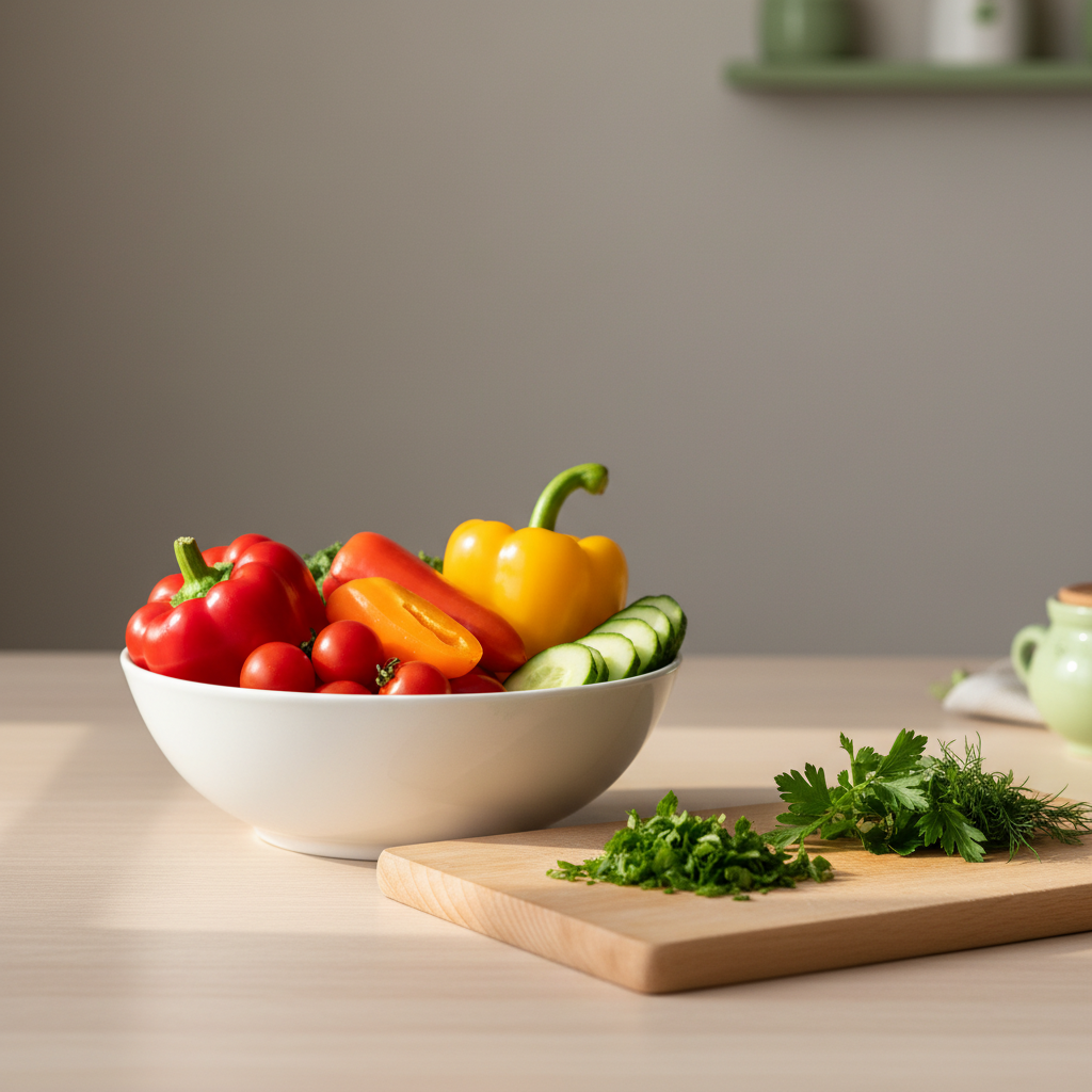 Wie lange dauert es, bis die Halsschmerzen weg sind? Nahaufnahme einer heimischen europäischen Küche mit heller Gemüseschale, Holzbrett und frisch geschnittenen Kräutern, minimalistisches Layout.