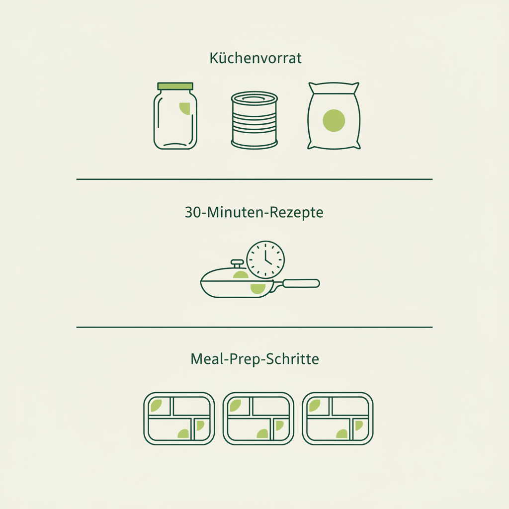 Minimalistische 2D-Infografik mit Vektor-Icons zu Vorrat, 30‑Minuten‑Rezepten und Meal‑Prep in Markenfarben — Wie lange dauert es, bis die Halsschmerzen weg sind?
