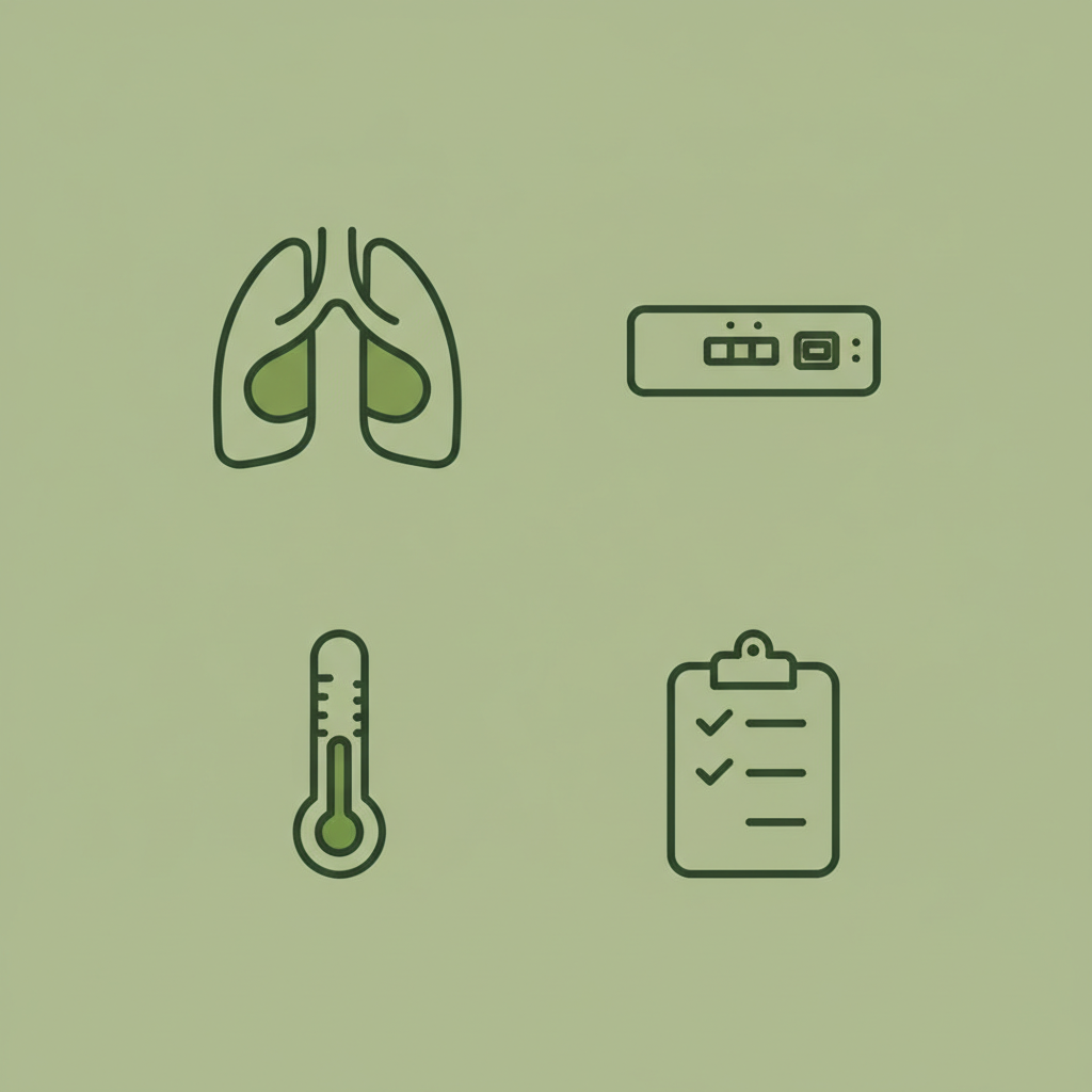 Wie erkenne ich eine bakterielle Halsentzündung: 2D Vektor-Infografik mit minimalistischen Icons Hals, Thermometer, Schnelltest-Kassette und Checkliste in Schnell Lecker Farben.