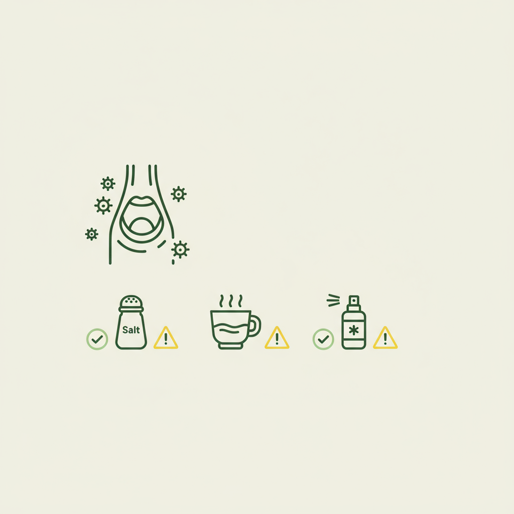 Minimalistische Vektor-Infografik zeigt Viren im Rachen mit stilisiertem Rachen-Icon und Icons für Salz, Gurgeln und Nasenspray sowie Piktogramme für Wirksamkeit und Risiken.