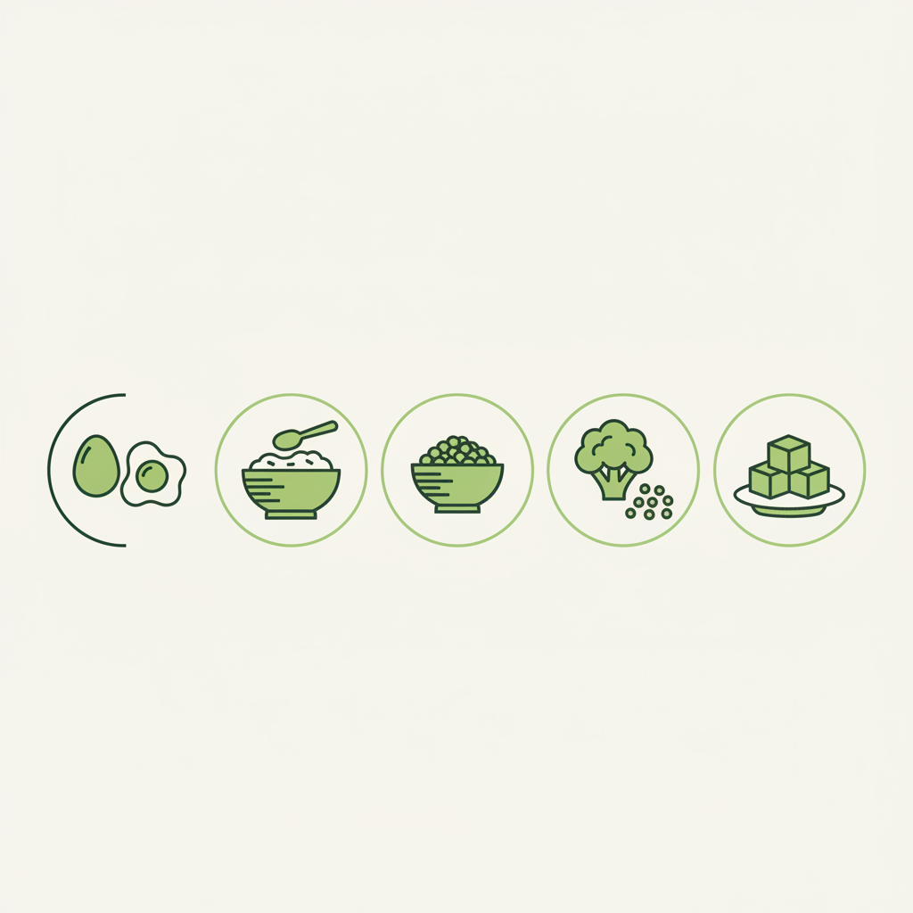 Minimalistische 2D-Infografik mit fünf Vektor-Icons (Eier, Quark, Linsen, Blumenkohlreis, Tofu) als Abendessen-Alternativen. Was kann man abends statt Brot essen