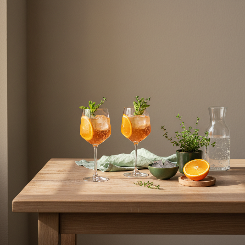 Sarti Spritz im Glas auf hellem Hintergrund #dbdbcf, Holztisch mit Orangenscheibe und frischen Kräutern, minimalistisches ungarisch/rumänisch inspiriertes Küchen-Setting
