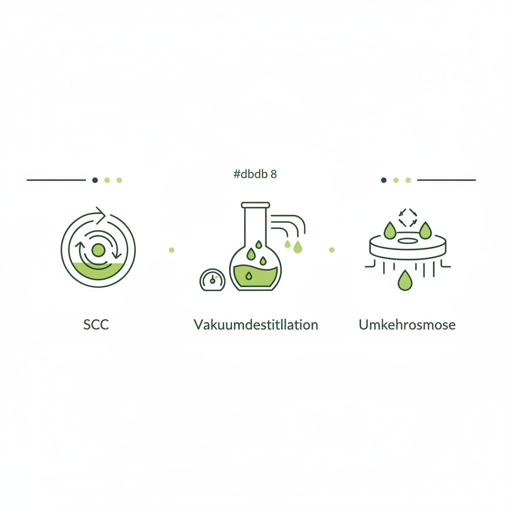 Minimalistische 2D-Vektor-Infografik mit Icons zu SCC, Vakuumdestillation und Umkehrosmose in Farben #dbdbcf/#a5cd8d/#21431f. Welcher alkoholfreie Wein schmeckt wirklich wie Wein